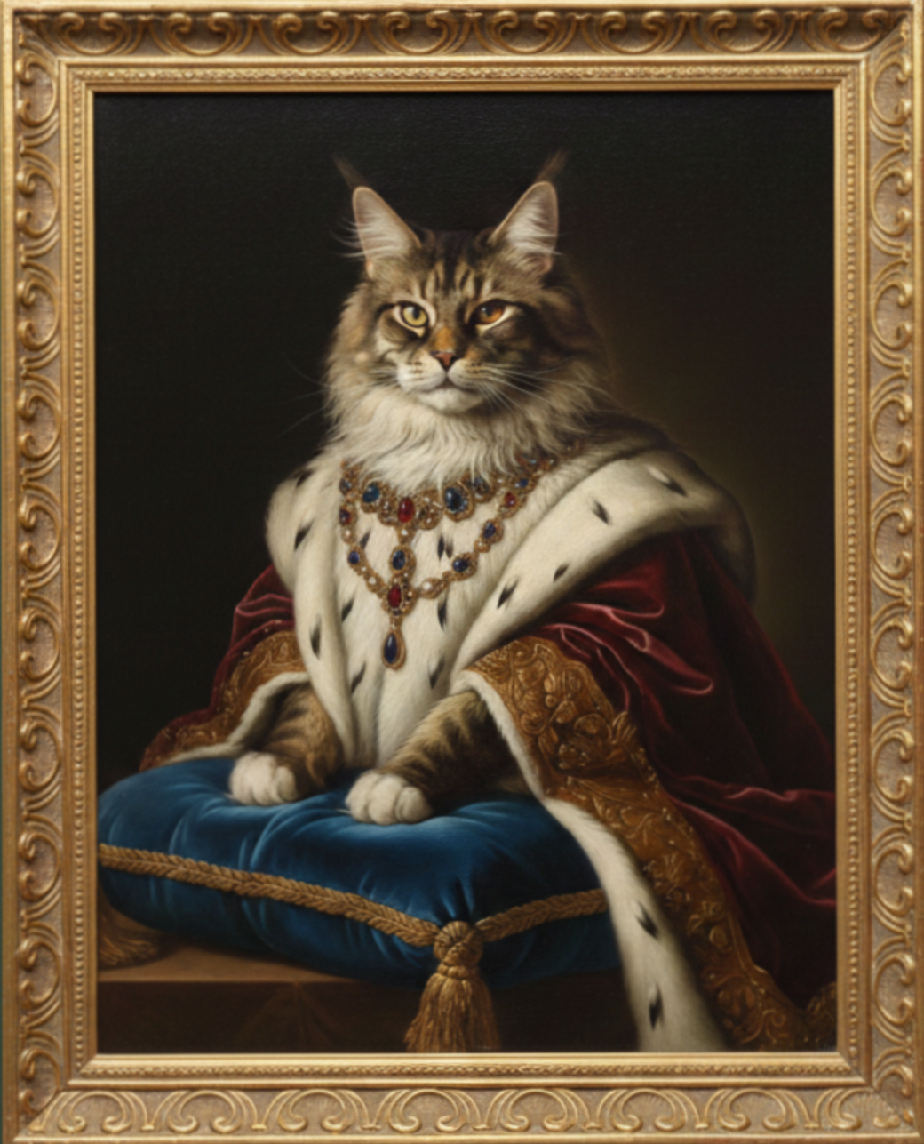 A beautifully photographed cat transformed into a custom royal portrait