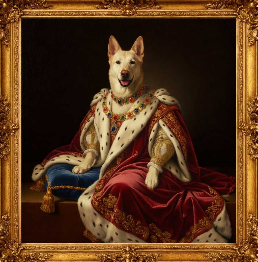 Majestic dog portrait in an ornate gold frame